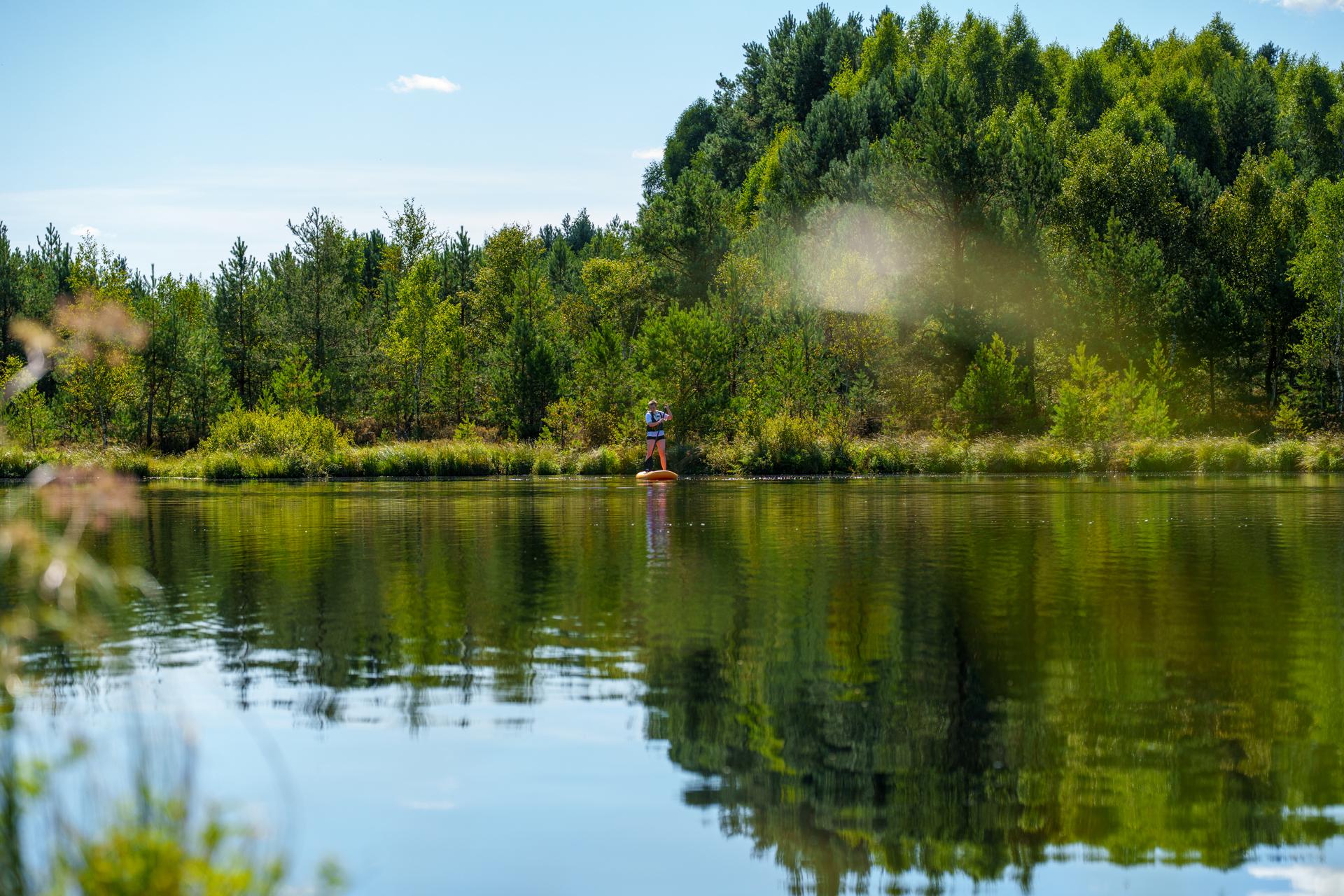 Spokojne jezioro otoczone gęstym, zielonym lasem, który malowniczo odbija się w tafli wody pod pogodnym niebem.